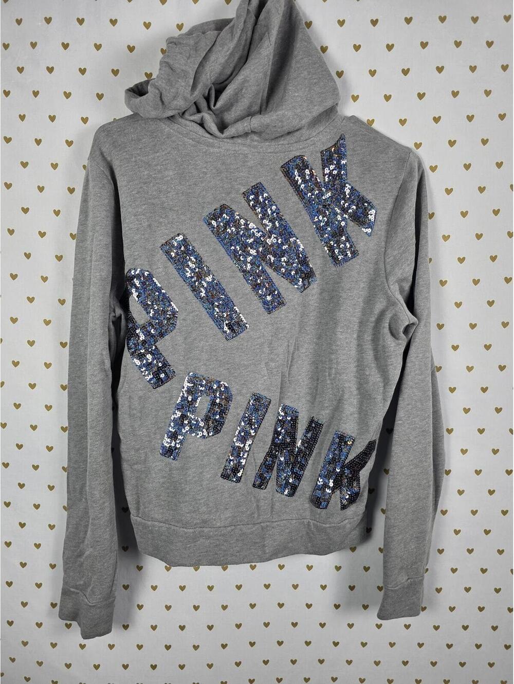 Victorias Secret Pink BLING SHIMMER Logo Full ZIp Hoodie Jacket Grey SMALL